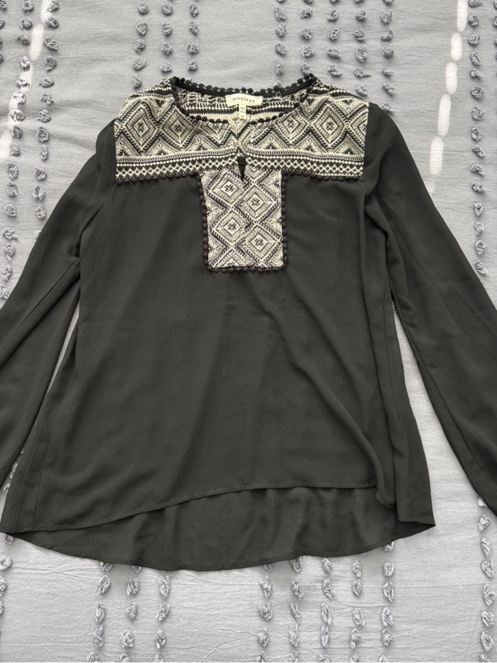 Monteau Black Long Sleeve Embroidered Yoke Top